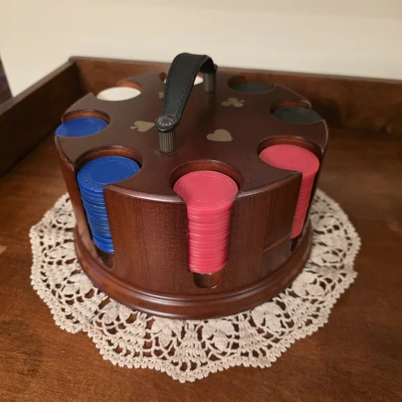 BOMBAY ♠️ Wooden Poker Chip Handle Carousel Caddy w/RedBlueWhite & Black Chips